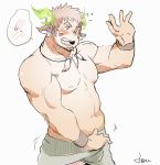 1boy abs animal_ears bara beard blush brown_hair chest clenched_hands dark_skin dark_skinned_male facial_hair feathers flustered forked_eyebrows glowing_horns horns looking_to_the_side male_focus muscle native_american navel nipples open_mouth pectorals pesox simple_background sketch smile solo sportswear thick_eyebrows tight tokyo_houkago_summoners wakan_tanka