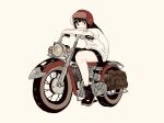  1girl absurdres ankle_boots black_hair bloomers blush_stickers boots crossed_arms ground_vehicle helmet highres long_hair motor_vehicle motorcycle motorcycle_helmet original shirt simple_background sitting solo t-shirt tamagotake underwear 