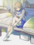  1girl 203wolves bangs bedroom blonde_hair blue_sailor_collar blue_skirt brown_eyes graphite_(medium) hair_between_eyes indoors jacket long_hair miniskirt on_bed parted_lips pencil_skirt sailor_collar sitting sitting_on_bed sketch skirt sleeveless sleeveless_jacket socks solo straight_hair tenjouin_asuka traditional_media very_long_hair white_jacket white_legwear yuu-gi-ou yuu-gi-ou_gx 