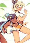  2girls armlet bangs belly_chain black_hair black_hairband blue_hair blush breasts closed_eyes collared_shirt commentary dark_skin dynamax_band earrings eyeshadow grey_eyes grey_hair gym_leader hair_between_eyes hair_bun hairband hands_on_another&#039;s_waist hoop_earrings jewelry kamishisho licking licking_back long_hair looking_back makeup multicolored_hair multiple_girls necklace open_mouth pokemon pokemon_(game) pokemon_swsh print_shirt print_shorts rurina_(pokemon) saitou_(pokemon) shirt short_hair short_sleeves shorts swimsuit tankini tongue tongue_out two-tone_hair white_nails wristband yuri 