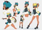  1girl animal_ears arms_up ball bare_legs baseball baseball_cap baseball_mitt black_footwear black_hair black_shirt blue_eyes blue_hair brand_new_animal breasts brown_eyes closed_mouth commentary contrapposto dark_skin english_commentary full_body grey_background hat highres holding holding_ball jacket kagemori_michiru knee_up looking_at_viewer medium_breasts multicolored multicolored_eyes multicolored_hair multiple_views open_clothes open_jacket open_mouth pitcher pitching profile raccoon_ears raccoon_girl raccoon_tail shirt shoes short_hair short_shorts shorts simple_background smile standing standing_on_one_leg symbol_commentary tail thighs two-tone_hair unseriousguy white_jacket white_shorts yellow_headwear 