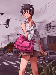  1girl bag bare_shoulders black_eyes black_hair blush brown_skirt building car dress_shirt feet_out_of_frame grin ground_vehicle hair_ornament handbag holding_strap looking_at_viewer looking_back motor_vehicle nose_blush off_shoulder open_clothes open_shirt original osomaki_nagara panda_hair_ornament partially_undressed pleated_skirt ponta_(osomaki_nagara) power_lines road scenery school_uniform see-through shirt skirt smile standing street telephone_pole traffic_light unbuttoned undershirt walking wet 