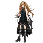  1girl alternate_costume bangs black_dress black_footwear black_legwear black_nails black_ribbon boots brown_eyes brown_hair dress full_body girls_frontline gun hair_between_eyes hair_ornament hair_ribbon high_heels holding holding_gun holding_weapon horizontal_stripes infukun kneehighs long_hair looking_at_viewer nail_polish official_art open_mouth red_eyes ribbon scar scar_across_eye scope sleeveless sleeveless_dress smile socks solo standing striped striped_legwear submachine_gun teeth thigh_strap transparent_background twintails two-tone_legwear ump9_(girls_frontline) weapon 