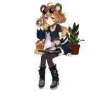  1girl alternate_costume animal_ears bear_ears bear_girl black_choker black_footwear black_legwear black_shirt blue_jacket blue_shorts boots breasts brown_hair choker doughnut eating eyewear_on_head food full_body girls_frontline grizzly_mkv_(girls_frontline) gun handgun jacket looking_at_viewer official_art pistol plant potted_plant realmbw shirt short_hair shorts sitting small_breasts solo sunglasses thigh-highs transparent_background violet_eyes weapon younger 