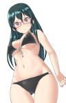  1girl aimobake arm_behind_head ass_visible_through_thighs bangs bespectacled bikini black_bikini black_hair breasts brown_eyes closed_mouth commentary_request cowboy_shot front-tie_bikini front-tie_top glasses highres idolmaster idolmaster_cinderella_girls light_frown long_hair looking_at_viewer looking_down medium_breasts navel ooishi_izumi red-framed_eyewear simple_background skindentation solo standing swimsuit thigh_gap white_background 