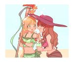  2girls blonde_hair brown_gloves brown_hair cup dorothea_arnault fingerless_gloves fire_emblem fire_emblem:_three_houses fire_emblem_heroes from_side glass gloves green_eyes guru_gurunmi hat holding holding_cup holding_spoon ingrid_brandl_galatea long_hair multiple_girls open_mouth polearm spoon swimsuit upper_body weapon 