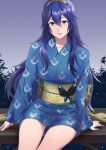  1girl alternate_costume ameno_(a_meno0) blue_eyes blue_hair blue_kimono blush bug butterfly butterfly_ornament closed_mouth cute dress fire_emblem fire_emblem:_kakusei fire_emblem_13 fire_emblem_awakening insect intelligent_systems japanese_clothes kimono lips long_hair looking_at_viewer lucina lucina_(fire_emblem) nintendo obi sash short_dress sitting sky smile solo tiara yukata 