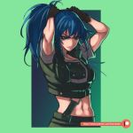  1girl black_gloves blue_eyes blue_hair earrings gloves green_background green_jacket jacket jewelry karckade leona_heidern long_hair military military_uniform ponytail shorts snk soldier solo the_king_of_fighters uniform watermark web_address 