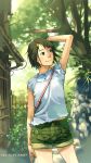  1girl bag bangs brown_eyes brown_hair building casual cowboy_shot fence foliage green_shorts hair_ornament hair_strand hairclip hand_behind_head handbag light_blush light_smile looking_to_the_side messy midriff_peek original osomaki_nagara ponta_(osomaki_nagara) shirt short_hair short_shorts short_sleeves shorts solo standing tomboy tree watermark web_address white_shirt wooden_fence 