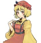 1girl aki_minoriko apron blonde_hair blush collared_shirt dress food food-themed_hat_ornament fruit fruit_hat_ornament ginnkei gradient gradient_background grape_hat_ornament grapes hat hat_ornament long_sleeves looking_at_viewer mob_cap parted_lips red_apron red_eyes red_headwear shirt short_hair simple_background solo touhou white_background wide_sleeves yellow_shirt