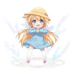  1girl animal_ear_fluff animal_ears blonde_hair blue_dress blue_eyes cat_ears character_request dress electricity full_body hands_together hat highres kindergarten_uniform legs_apart long_hair magic_circle open_mouth original pink_footwear school_hat shoes simple_background smile solo tamase_tama thigh-highs virtual_youtuber white_background white_legwear yellow_headwear 
