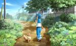  1girl blue_eyes blue_hair blue_pants building bush clouds commentary day doremifa84 eevee feet fence flip-flops flower freckles gen_1_pokemon grass hairband highres holding holding_stick light_rays no_sclera outdoors pants pokemon pokemon_(creature) pokemon_(game) pokemon_sm power_lines sandals scenery shade shirt short_hair sky sleeveless standing stick suiren_(pokemon) sunbeam sunlight swimsuit swimsuit_under_clothes telephone_pole tree trial_captain walking 