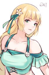  1girl absurdres blonde_hair da-cart fire_emblem fire_emblem:_three_houses fire_emblem_heroes flower green_eyes hair_flower hair_ornament highres ingrid_brandl_galatea long_hair parted_lips simple_background solo swimsuit upper_body white_background 