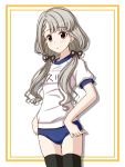  1girl asymmetrical_bangs bangs black_ribbon blue_buruma border braid brown_eyes buruma character_name closed_mouth commentary cowboy_shot eternity_larva grey_hair gym_shirt gym_uniform hair_over_shoulder hair_ribbon hisakawa_nagi idolmaster idolmaster_cinderella_girls idolmaster_cinderella_girls_starlight_stage lielos long_hair looking_at_viewer low_twintails name_tag outside_border panties panties_under_buruma panty_peek ribbon shadow shirt short_sleeves skindentation solo standing thigh-highs thigh_gap twintails underwear white_background white_shirt yellow_border 