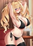  1girl absurdres armpits arms_behind_head arms_up bare_arms bare_shoulders bikini black_bikini black_legwear black_ribbon blonde_hair blurry blurry_background blush breasts clenched_teeth cowboy_shot depth_of_field drill_hair hair_intakes highres large_breasts long_hair navel nose_blush open_mouth original ribbon rokita side-tie_bikini solo stomach sweat swimsuit teeth thigh-highs twintails v-shaped_eyebrows violet_eyes wet 