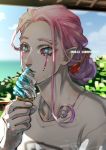  1boy alternate_costume alternate_hairstyle bench blue_eyes blue_lipstick bush casual collarbone curly_hair eating fate/grand_order fate_(series) food hair_bun hair_ribbon highres ice_cream ice_cream_cone lipstick long_hair looking_to_the_side makeup mephistopheles_(fate/grand_order) multicolored multicolored_eyes ocean pointy_ears purple_hair r-lyeh-yeah-yeah ribbon shirt sky sweat teardrop thick_eyebrows violet_eyes white_shirt white_skin 