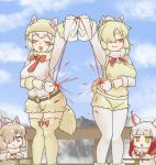  4girls :3 :d alpaca_ears alpaca_huacaya_(kemono_friends) alpaca_suri_(kemono_friends) animal_ear_fluff animal_ears arm_up bangs belt blonde_hair blue_sky blush bow bow_legwear breasts chibi chinese_commentary clapping closed_eyes clouds commentary_request cup day decantering dirty dirty_clothes dual_persona ears_through_headwear empty_eyes eyebrows_visible_through_hair failure feet_out_of_frame fur_collar gradient_hair grey_eyes hair_over_one_eye hat head_wings japanese_crested_ibis_(kemono_friends) kemono_friends large_breasts legwear_under_shorts long_sleeves miji_doujing_daile mountain multicolored_hair multiple_girls o-ring_belt open_mouth outdoors pantyhose pouring railing red_bow redhead shirt short_hair short_shorts shorts sky smile standing sweatdrop tea teapot thigh-highs vest white_legwear white_shirt yellow_eyes yellow_legwear yellow_shorts yellow_vest you&#039;re_doing_it_wrong 