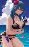  1girl bikini black_bikini blue_hair blue_sky blush breasts byleth_(fire_emblem) byleth_eisner_(female) byleth_eisner_(female) can choker closed_mouth clouds commentary_request embarrassed eyelashes feet_out_of_frame female_my_unit_(fire_emblem:_three_houses) fire_emblem fire_emblem:_three_houses fire_emblem:_three_houses fire_emblem_16 fire_emblem_heroes flower hair_flower hair_ornament highres holding holding_can intelligent_systems knife large_breasts leaning_forward long_hair looking_at_viewer my_unit_(fire_emblem:_three_houses) nintendo ocean pepsi shadow sheath sidelocks sky solo super_smash_bros. swimsuit thighs violet_eyes w_(1999_kyu) weapon 