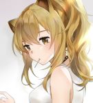 1girl animal_ears arknights bangs bare_shoulders black_choker blonde_hair breasts brown_eyes choker commentary eggplant_(dadamiao) gradient gradient_background grey_background hair_between_eyes head_tilt lion_ears long_hair medium_breasts mouth_hold siege_(arknights) solo symbol_commentary tank_top upper_body white_background white_tank_top 