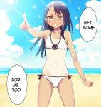  1girl bangs bikini black_hair breasts brown_eyes clenched_hand clouds commentary english_commentary english_text gazing_eye hair_ornament hairclip ijiranaide_nagatoro-san long_hair nagatoro_hayase navel no_pupils outdoors pointing sand shore sky small_breasts solo sparkle speech_bubble sweat swimsuit tan tanline water white_bikini 