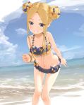  1girl abigail_williams_(fate/grand_order) bangs bare_shoulders beach bikini black_bikini black_bow black_skirt blonde_hair blue_eyes blue_sky blush bow breasts collarbone double_bun emerald_float fate/grand_order fate_(series) forehead frilled_bikini frills grin highres leaning_forward long_hair looking_at_viewer microskirt multiple_bows navel ocean orange_bow parted_bangs polka_dot polka_dot_bow sakazakinchan shore sidelocks skirt sky small_breasts smile swimsuit thighs 