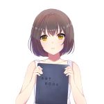  1girl bangs book brown_hair collarbone commentary eyebrows_visible_through_hair fatih highres holding holding_book looking_at_viewer orange_eyes original shiny shiny_hair short_hair simple_background solo tank_top upper_body white_background white_tank_top 
