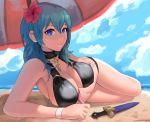  1girl beach beach_umbrella blue_sky byleth_(fire_emblem) byleth_eisner_(female) closed_mouth clouds dagger day fire_emblem fire_emblem:_three_houses fire_emblem_heroes flower hair_flower hair_ornament highres lying on_side outdoors sheath sheathed sky solo spiffydc umbrella water weapon 