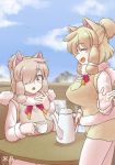  2girls :d :o ^_^ alpaca_ears alpaca_suri_(kemono_friends) animal_ears bangs beige_vest blonde_hair blue_sky breast_pocket breasts chinese_commentary closed_eyes clouds commentary_request cup day dual_persona eyebrows_visible_through_hair fur-trimmed_sleeves fur_collar fur_trim grey_eyes hair_over_one_eye hand_to_own_mouth horizontal_pupils kemono_friends large_breasts legwear_under_shorts long_sleeves miji_doujing_daile mountain multiple_girls open_mouth outdoors pantyhose pocket ponytail railing short_hair short_shorts shorts sitting sky smile table teapot vest white_legwear yellow_shorts yellow_vest 