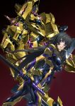  1girl absurdres black_bodysuit black_hair bodysuit breasts glowing highres holding holding_sword holding_weapon impossible_bodysuit impossible_clothes large_breasts long_hair looking_at_viewer mecha muvluv muvluv_alternative muvluv_total_eclipse paintedmike parted_lips pilot_suit shiny shiny_hair shiny_skin sidelocks solo standing sword takamura_yui teeth violet_eyes weapon 