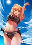  1girl :d arms_up bikini black_bikini blonde_hair breasts cleavage_cutout clouds cloudy_sky cowboy_shot day dutch_angle fiorung from_below highres horizon knife long_hair navel ocean open_mouth outdoors sky smile solo soma_(somaing1005) sun swimsuit weapon xenoblade_(series) xenoblade_1 