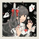  1girl animal_ears bandaid bangs black_eyes border bow breasts grey_border grey_hair hair_bow hands_up heart jewelry keishin long_hair long_sleeves moon_phases original outside_border parted_lips red_bow red_nails ring smile solo upper_body white_bow 