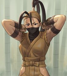  1girl adjusting_headwear arms_behind_head brown_eyes brown_hair covered_mouth ibuki_(street_fighter) long_hair ninja noppo_(tarstation) ponytail solo street_fighter street_fighter_iii_(series) 