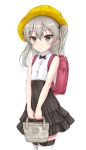  1girl backpack bag bangs bare_arms bare_shoulders black_bow black_hairband black_neckwear black_skirt bow bowtie brown_eyes closed_mouth collared_shirt commentary_request dress_shirt eyebrows_visible_through_hair flipper girls_und_panzer grey_hair hair_between_eyes hair_bow hairband hat high-waist_skirt highres holding holding_bag looking_at_viewer one_side_up pleated_skirt randoseru school_hat shimada_arisu shirt simple_background skirt sleeveless sleeveless_shirt solo striped striped_legwear thigh-highs white_background white_shirt yellow_headwear 
