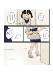  1girl ahoge bag blue_dress brown_eyes brown_hair dress ganbare_douki-chan handbag high_heels highres jewelry motion_lines necklace office_lady_(yomu_(sgt_epper)) pearl_necklace petals scarf shoes shoulder_bag sidelocks sweatdrop translation_request white_footwear yomu_(sgt_epper) 