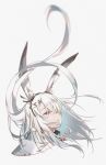  1girl animal_ear_fluff animal_ears arknights cloak closed_mouth commentary crying crying_with_eyes_open eyelashes facial_scar floating_hair frostnova_(arknights) grey_background grey_eyes hair_ornament hair_over_one_eye hairclip highres long_hair looking_up rabbit_ears sad scar silver_hair simple_background solo tears white_cloak xion32 