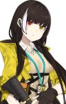  1girl bangs black_gloves black_hair commentary_request e_draw_paint eyebrows_visible_through_hair fingerless_gloves girls_frontline gloves headset heterochromia highres jacket long_hair looking_at_viewer multicolored_hair red_eyes ro635_(girls_frontline) simple_background solo streaked_hair twintails upper_body white_background white_hair yellow_eyes yellow_jacket 