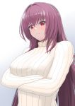  1girl arms_under_breasts bangs breasts closed_mouth commentary_request crossed_arms eyebrows_visible_through_hair fate/grand_order fate_(series) hair_between_eyes higofushi light_blush long_hair red_eyes scathach_(fate)_(all) scathach_(fate/grand_order) shiny shiny_hair smile solo sweater turtleneck turtleneck_sweater yellow_sweater 