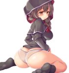  1girl ass black_capelet blush braid breasts brown_hair capelet commentary_request eyebrows_visible_through_hair from_behind highres hood hooded_capelet kantai_collection kneehighs kurokoshou_(emuburemu123) large_breasts long_hair long_sleeves looking_at_viewer no_pants panties seiza shinshuu_maru_(kantai_collection) simple_background sitting soles solo sweatdrop thighs twin_braids underwear 
