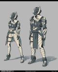  1boy 1girl alpyro armor arms_at_sides bodysuit breastplate english_commentary full_armor full_body grey_background helmet highres original pelvic_curtain ponytail scarf science_fiction shoulder_armor 