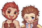  2boys beard blue_eyes blush brown_hair chest chibi cleavage_cutout collar commission couple epaulettes facial_hair fate/grand_order fate/zero fate_(series) fringe_trim goatee highres iskandar_(fate) jacket looking_at_viewer male_focus military military_uniform multiple_boys muscle napoleon_bonaparte_(fate/grand_order) open_clothes open_jacket open_shirt redhead ritaa1607 sideburns smile unbuttoned uniform white_background 
