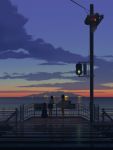  2girls bysau guitar_case highres instrument_case island kamakura_(city) multiple_girls night ocean original road sunset surfboard traffic_light 