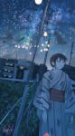  1girl :d absurdres bangs banishment black_hair blunt_bangs blurry blurry_background brown_eyes building commentary_request cowboy_shot depth_of_field floating_hair grass highres holding_pouch huge_filesize japanese_clothes kimono kinchaku lamp looking_to_the_side medium_hair night night_sky obi open_mouth original pouch print_kimono sash scenery sidelocks signature sky smile solo standing star_(sky) starry_sky summer tanabata telephone_pole yukata 