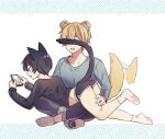  2boys animal_ears bad_id bad_pixiv_id black_hair black_shirt black_shorts blonde_hair cat_boy cat_ears cat_tail cellphone collarbone commentary denim dog_boy dog_ears dog_tail eugeo grey_shirt hair_between_eyes jeans kirito long_sleeves lying male_focus multiple_boys on_lap on_stomach open_mouth pants paw_print paw_print_soles phone ryeonghwa shirt short_hair short_shorts shorts simple_background sitting smile socks striped striped_background sword_art_online sword_art_online:_alicization tail white_background white_legwear yaoi 
