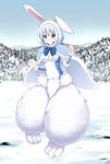  1girl animal_ears blue_bow blue_eyes blue_hair bow breasts bunny_girl capelet chinese_commentary commentary_request day ears_through_headwear fluffy full_body fur-trimmed_capelet fur-trimmed_hood fur_trim hood hooded_capelet lee_xianshang looking_at_viewer medium_breasts monster_girl mountain mountainous_horizon original outdoors partial_commentary paws rabbit_ears smile snow_bunny solo 
