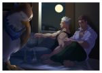  2boys animal bara bird blue_eyes blush brown_hair chest couple crossed_legs crow cup eddie_(gyee) facial_hair flustered full_body full_moon gyee hands_together highres kuro_(shiranui) male_focus miles_(gyee) moon moonlight multiple_boys muscle night open_clothes pectorals silver_hair sitting tank_top upper_body yaoi 
