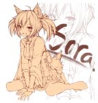  1girl animal_ears arknights character_name commentary_request dairin eyebrows_visible_through_hair full_body hair_between_eyes highres looking_at_viewer multiple_monochrome multiple_views open_mouth shirt short_hair skirt smile solo sora_(arknights) tail twintails wolf_ears 