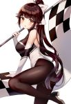  1girl absurdres azur_lane bare_shoulders black_footwear black_hair breasts brown_eyes brown_legwear checkered checkered_flag churi_(oxxchurixxo) elbow_gloves fingerless_gloves flag from_side gloves high_heels highres holding large_breasts leg_up leotard long_hair looking_at_viewer looking_to_the_side pantyhose ponytail racequeen simple_background solo takao_(azur_lane) takao_(full_throttle_charmer)_(azur_lane) thighs very_long_hair white_background 