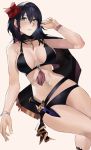  1girl bikini black_bikini blazpu blue_eyes blue_hair byleth_(fire_emblem) byleth_eisner_(female) dagger fire_emblem fire_emblem:_three_houses fire_emblem_heroes flower hair_flower hair_ornament highres parted_lips sheath sheathed simple_background solo swimsuit weapon 