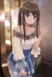  1girl bangs bare_shoulders blue_eyes blue_ribbon blue_skirt blurry blurry_background blush breasts brown_hair closed_mouth collarbone commentary_request dress eyebrows_visible_through_hair highres long_hair long_sleeves looking_at_viewer medium_breasts original pleated_skirt ribbon ruda_(ruda_e) skirt smile solo train_station two-tone_skirt waving white_dress white_skirt 