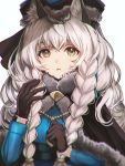  1girl amripo animal_ear_fluff animal_ears arknights bangs black_capelet black_gloves blue_jacket braid capelet chromatic_aberration commentary_request fur-trimmed_capelet fur_trim gloves grey_eyes hand_up hat highres jacket leopard_ears long_hair looking_at_viewer parted_lips pramanix_(arknights) silver_hair simple_background solo twin_braids upper_body white_background 